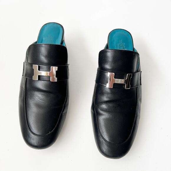 Hermes Black Logo Leather Mules Heels Pumps Slip On Shoes Size 39 / 7.5